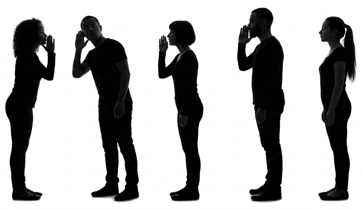 Five people playing the telephone game — a whispered message passing down the line